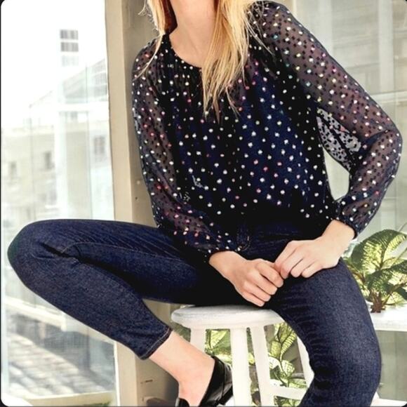 J. Crew Women's Blouse Whimsical BluePolkaDot Size 2XS Lite, Air Chiffon Sleeves - Picture 2 of 11